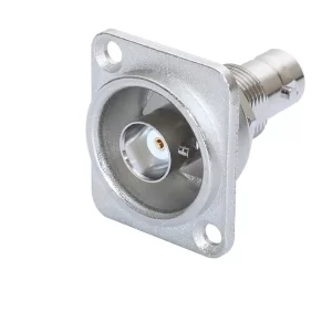 Newtide BNC2230 BNC female panel mount connector (coaxial jack) with D-shape nickel-plated metal housing.