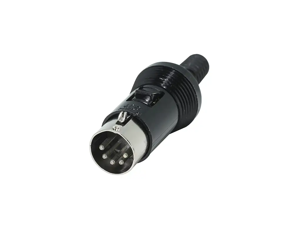 Newtide DIN1935-5P 5-pole DIN male cable connector (MIDI plug), fully screened metal housing with strain relief.