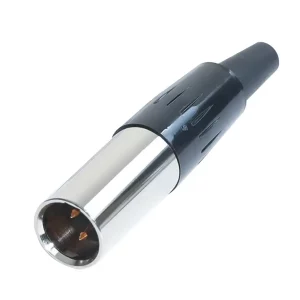 Newtide MXR5010-3P 3-pole MINI XLR male cable connector with nickel-plated metal shell and black strain relief boot.