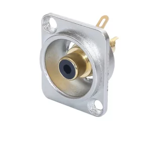 Newtide RCA2250-R RCA female chassis connector (phono jack) with nickel-plated D-shape metal housing and black color coding.