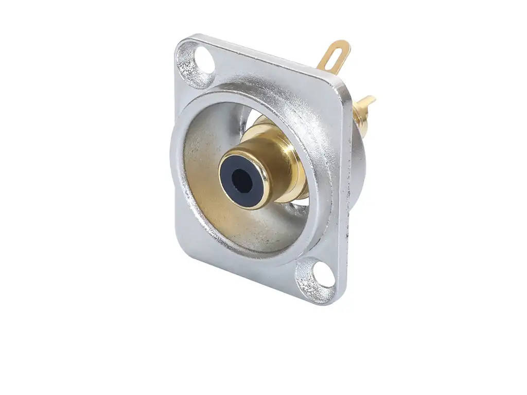 Newtide RCA2250-R RCA female chassis connector (phono jack) with nickel-plated D-shape metal housing and black color coding.