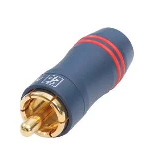Newtide RCA2362 professional RCA male cable connector (phono plug) with blue coated machined brass metal shell, gold-plated contacts, and color coding rings, for cable O.D. 3.0mm to 7.3mm.