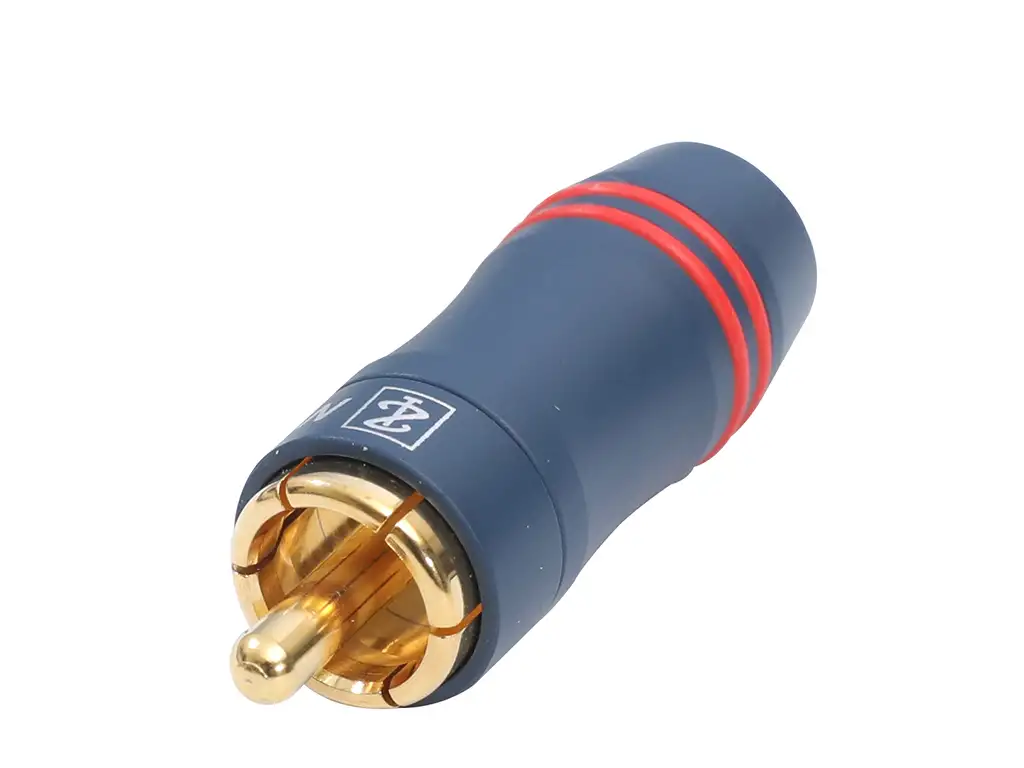 Newtide RCA2362 professional RCA male cable connector (phono plug) with blue coated machined brass metal shell, gold-plated contacts, and color coding rings, for cable O.D. 3.0mm to 7.3mm.