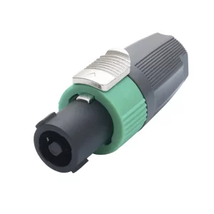 Newtide SP0905-2P 2-pole speakerON cable connector with chuck type strain relief, secure metal locking system, and solder termination.