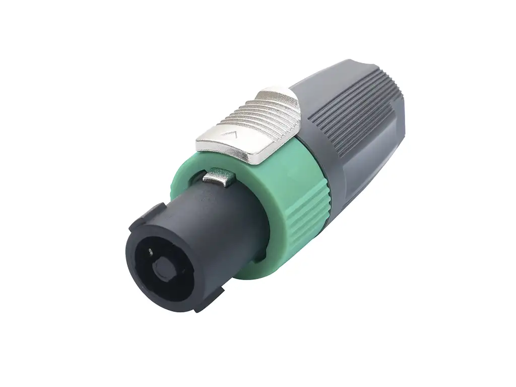 Newtide SP0905-4P 4-pole speakerON cable connector with chuck type strain relief, secure metal locking system, and solder termination.
