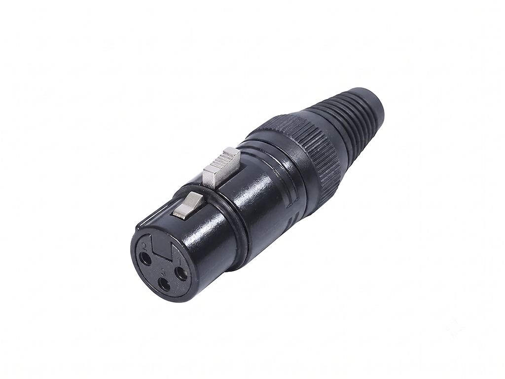 Newtide XPX0011B-3P 3-pole XLR female cable connector with black-plated housing, locking latch, and black strain relief boot.