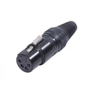 Newtide XPX0011B-4P 4-pole XLR female cable connector with black-plated housing, locking latch, and black strain relief boot.