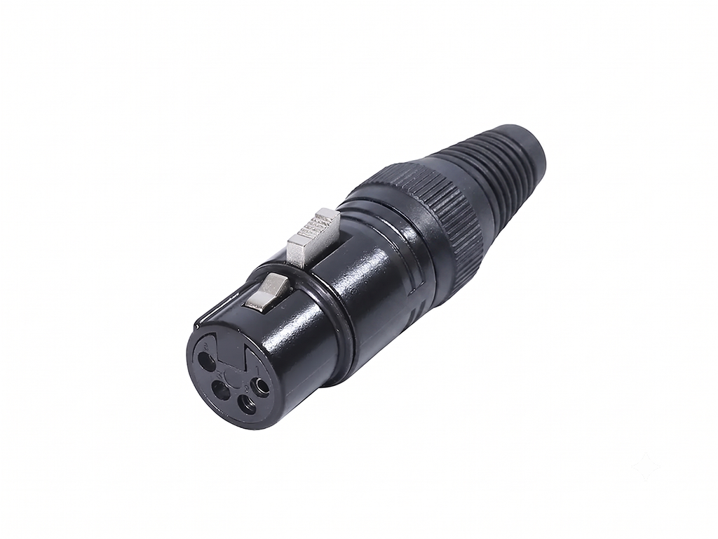 Newtide XPX0011B-4P 4-pole XLR female cable connector with black-plated housing, locking latch, and black strain relief boot.