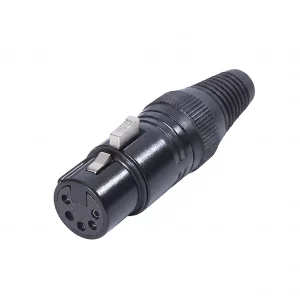 Newtide XPX0011B-5P 5-pole XLR female cable connector with black-plated housing, locking latch, and black strain relief boot.