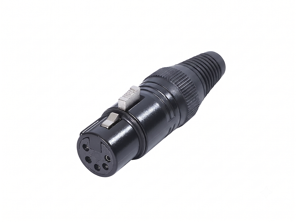 Newtide XPX0011B-5P 5-pole XLR female cable connector with black-plated housing, locking latch, and black strain relief boot.