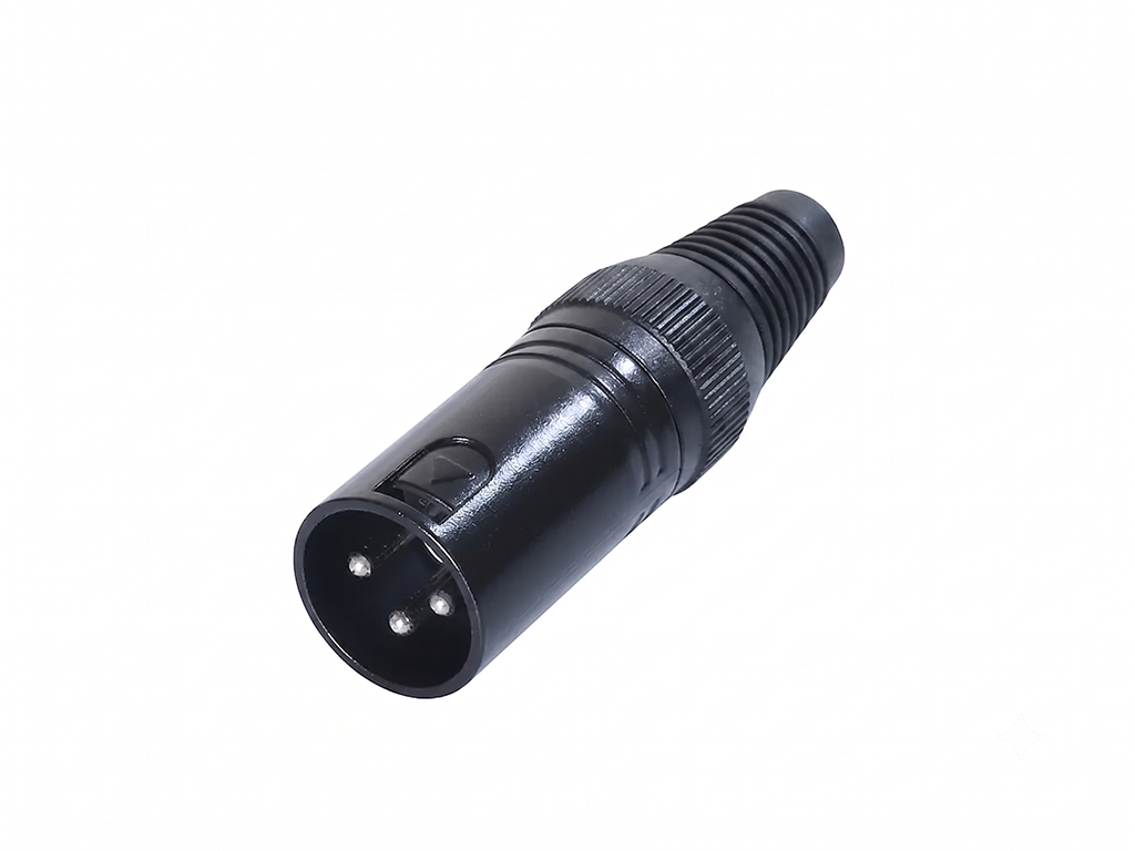 Newtide XPX0021B-3P 3-pole XLR male cable connector with black-plated housing and black strain relief boot.