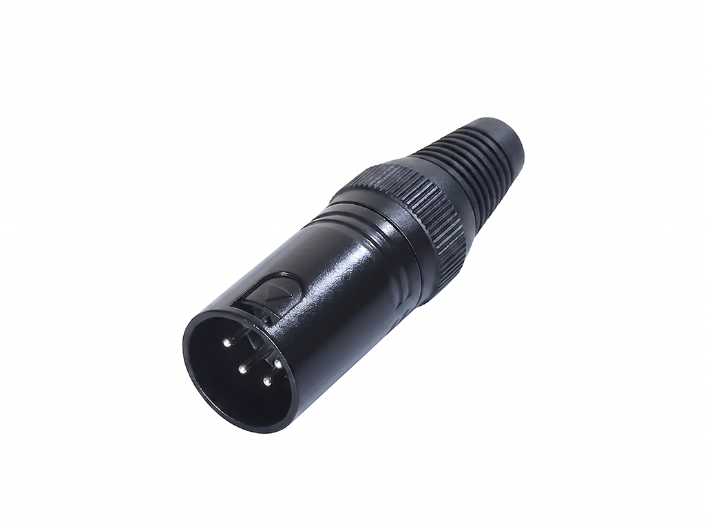 Newtide XPX0021B-4P 4-pole XLR male cable connector with black-plated housing and black strain relief boot.