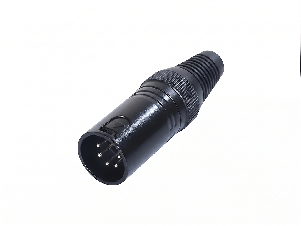 Newtide XPX0021B-5P 5-pole XLR male cable connector with black-plated housing and black strain relief boot.