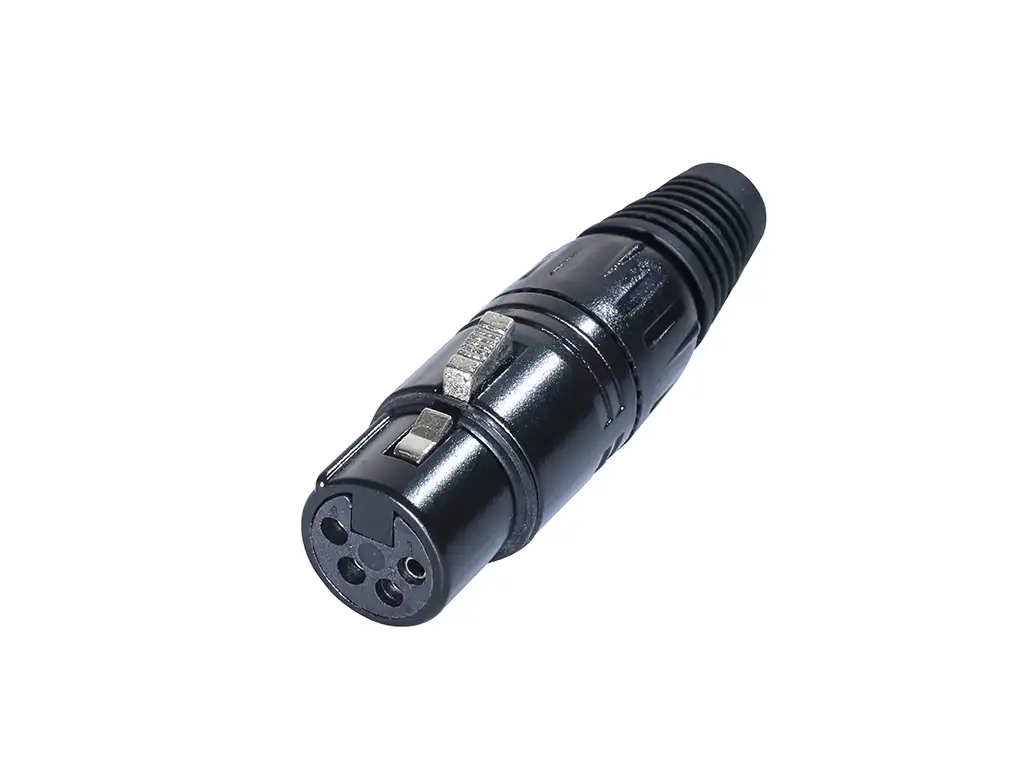 Newtide XR0010B-4P 4-pole XLR female cable connector with black-plated housing, locking latch, and black strain relief boot.