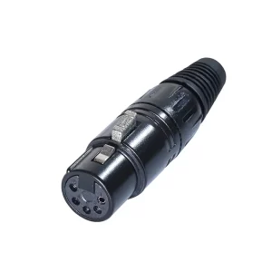 Newtide XR0010B-5P 5-pole XLR female cable connector with black-plated housing, locking latch, and black strain relief boot.