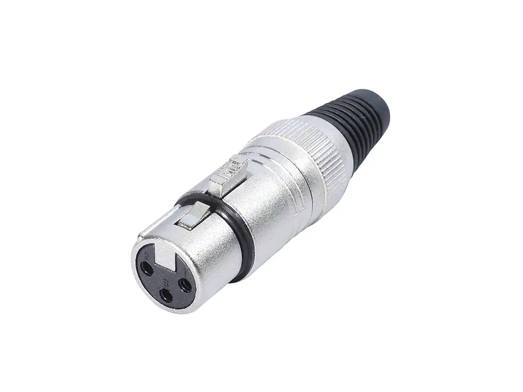 Newtide XR0011-3P 3-pole XLR female cable connector with nickel-plated housing, locking latch, and black strain relief boot.