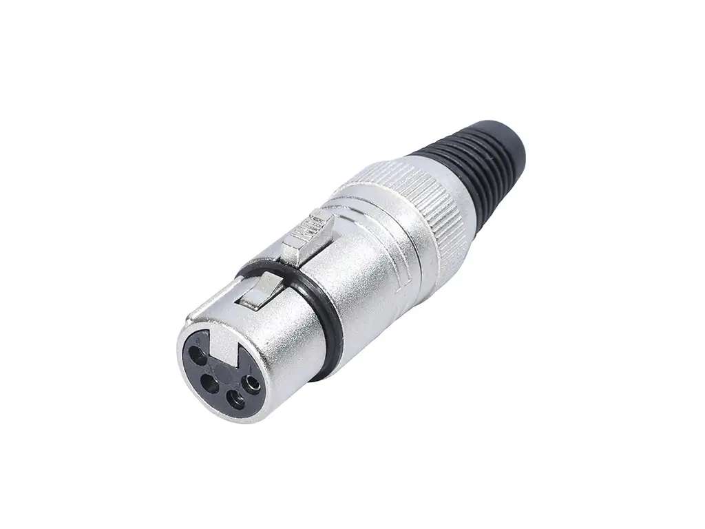 Newtide XR0011-4P 4-pole XLR female cable connector with nickel-plated housing, locking latch, and black strain relief boot.