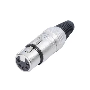 Newtide XR0011-5P 5-pole XLR female cable connector with nickel-plated housing, locking latch, and black strain relief boot.