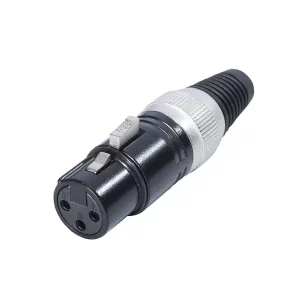 Newtide XR0011B-3P 3-pole XLR female cable connector with black-plated housing, locking latch, and black strain relief boot.