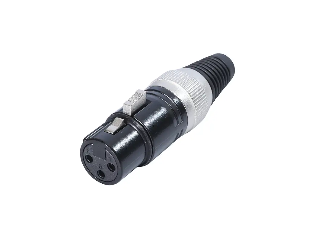Newtide XR0011B-3P 3-pole XLR female cable connector with black-plated housing, locking latch, and black strain relief boot.