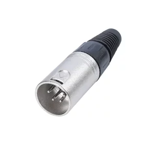 Newtide XR0020-4P 4-pole XLR male cable connector with nickel-plated housing and black strain relief boot.