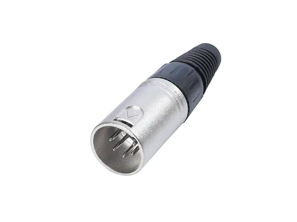 Newtide XR0020-5P 5-pole XLR male cable connector with nickel-plated housing and black strain relief boot.