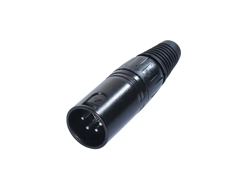 Newtide XR0020B-4P 4-pole XLR male cable connector with black-plated housing and black strain relief boot.