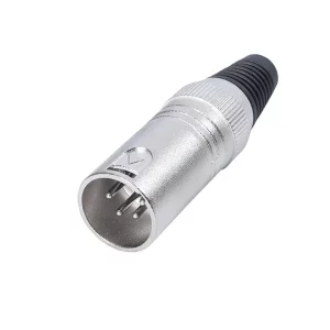 Newtide XR0021-4P 4-pole XLR male cable connector with nickel-plated housing and black strain relief boot.