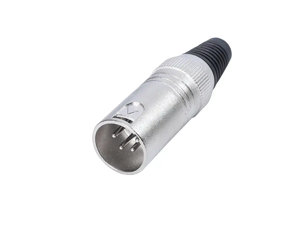 Newtide XR0021-4P 4-pole XLR male cable connector with nickel-plated housing and black strain relief boot.