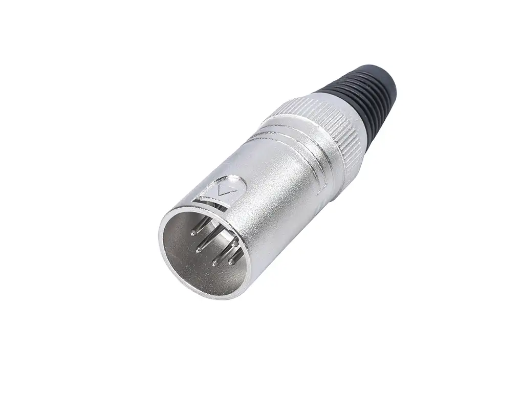Newtide XR0021-5P 5-pole XLR male cable connector with nickel-plated housing and black strain relief boot.
