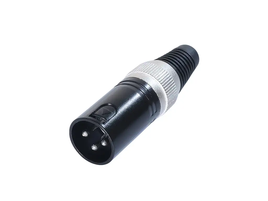Newtide XR0021B-3P 3-pole XLR male cable connector with black-plated housing and black strain relief boot.