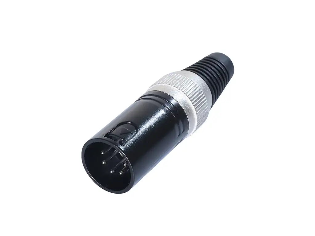 Newtide XR0021B-5P 5-pole XLR male cable connector with black-plated housing and black strain relief boot.