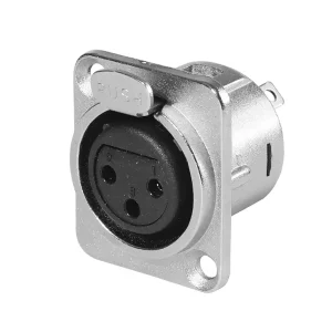 Newtide XR0270-3P 3-pole locking XLR female chassis connector with nickel-plated D-shape metal housing.
