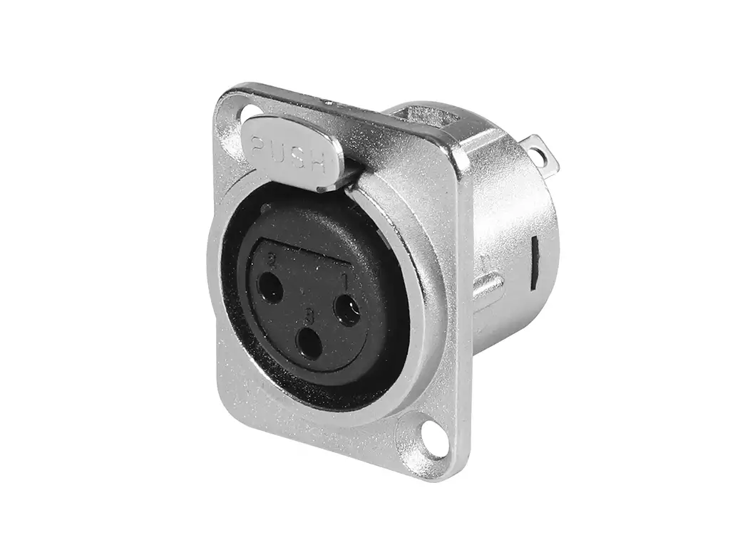 Newtide XR0270-3P 3-pole locking XLR female chassis connector with nickel-plated D-shape metal housing.