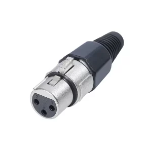 Newtide XR1001-3P 3-pole XLR female cable connector with nickel-plated housing, locking latch, and black strain relief boot.