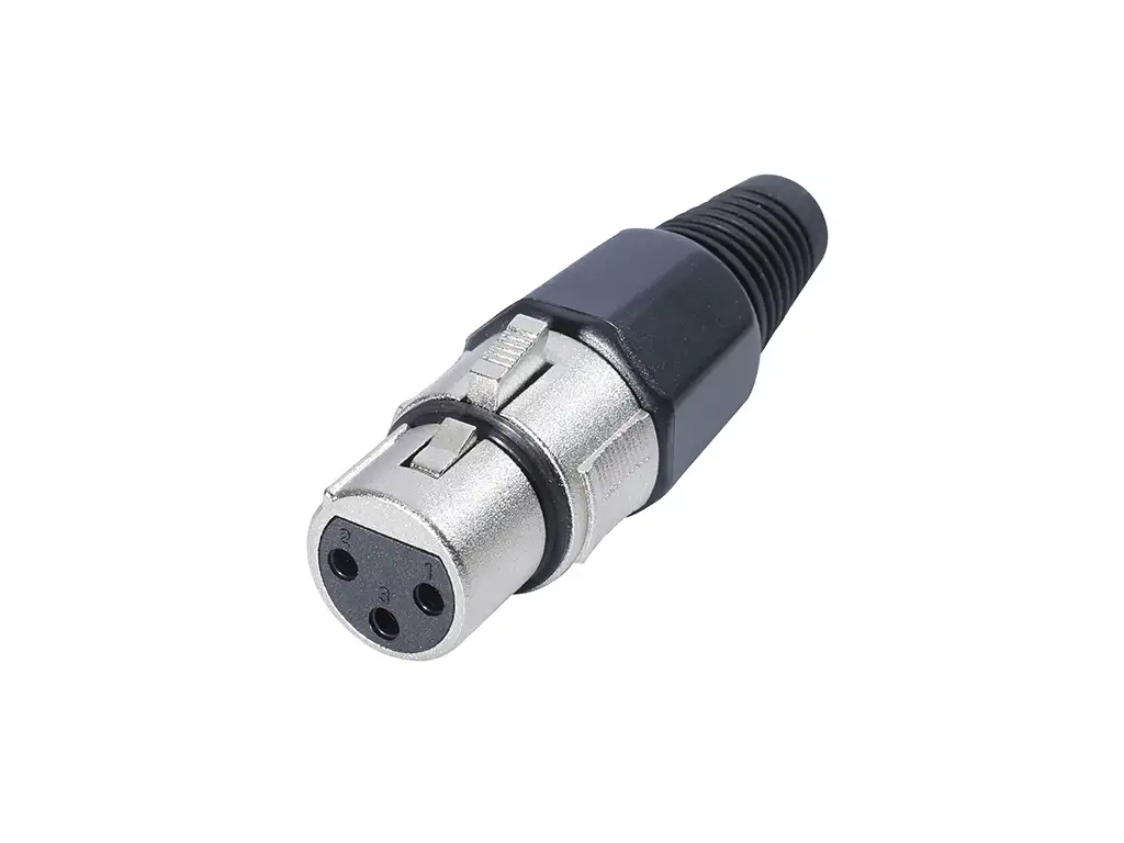 Newtide XR1001-3P 3-pole XLR female cable connector with nickel-plated housing, locking latch, and black strain relief boot.