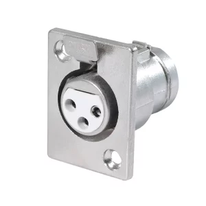 Newtide XR1070-3P 3-pole locking XLR female chassis connector with nickel-plated D-shape metal housing.