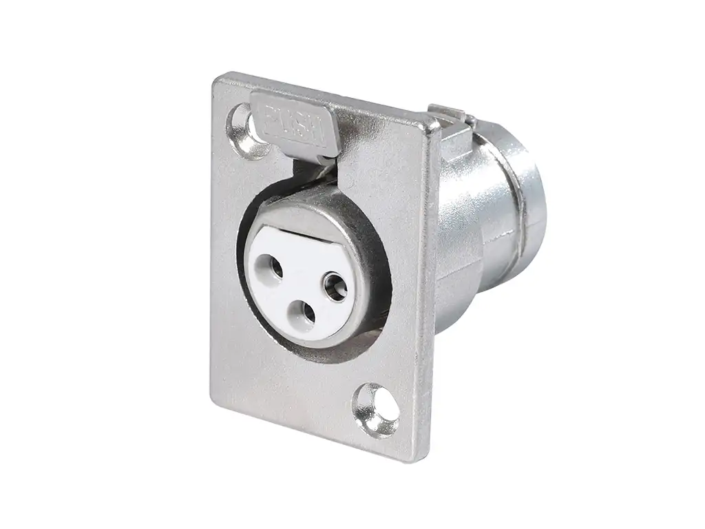Newtide XR1070-3P 3-pole locking XLR female chassis connector with nickel-plated D-shape metal housing.