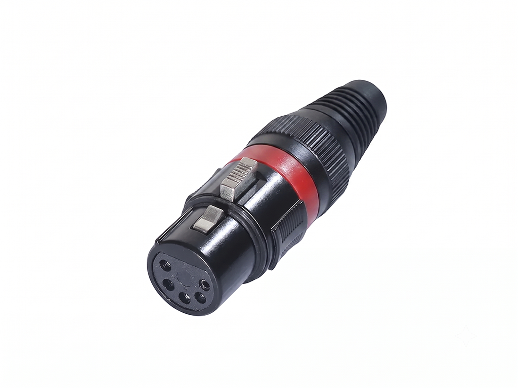 Newtide XPC1501B-4P 4-pole XLR female cable connector with black-plated housing, locking latch, and black strain relief boot.