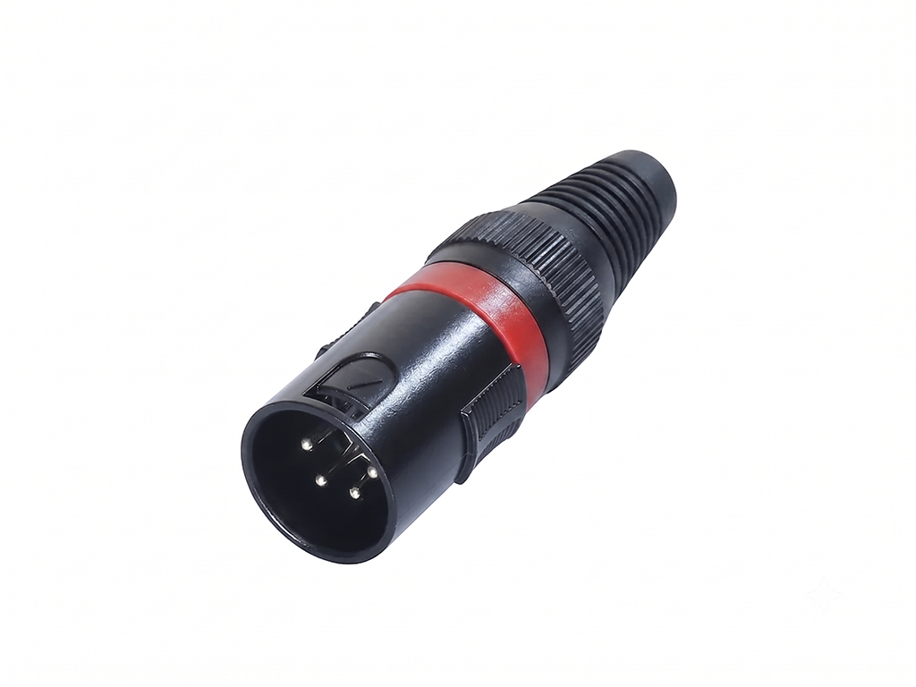 Newtide XPC1601B-4P 4-pole XLR male cable connector with black-plated housing and black strain relief boot.