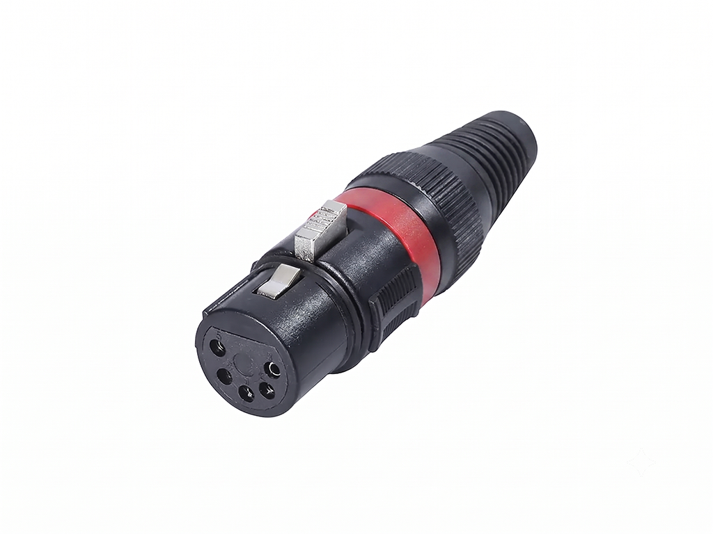 Newtide XPT1122-5P 5-pole XLR female cable connector with thermoplastic housing, locking latch, and black strain relief boot.