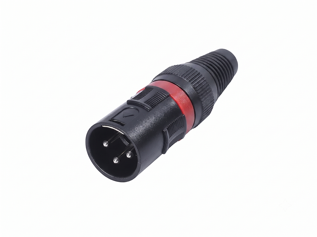 Newtide XPT1132-3P 3-pole XLR male cable connector with thermoplastic housing and black strain relief boot.