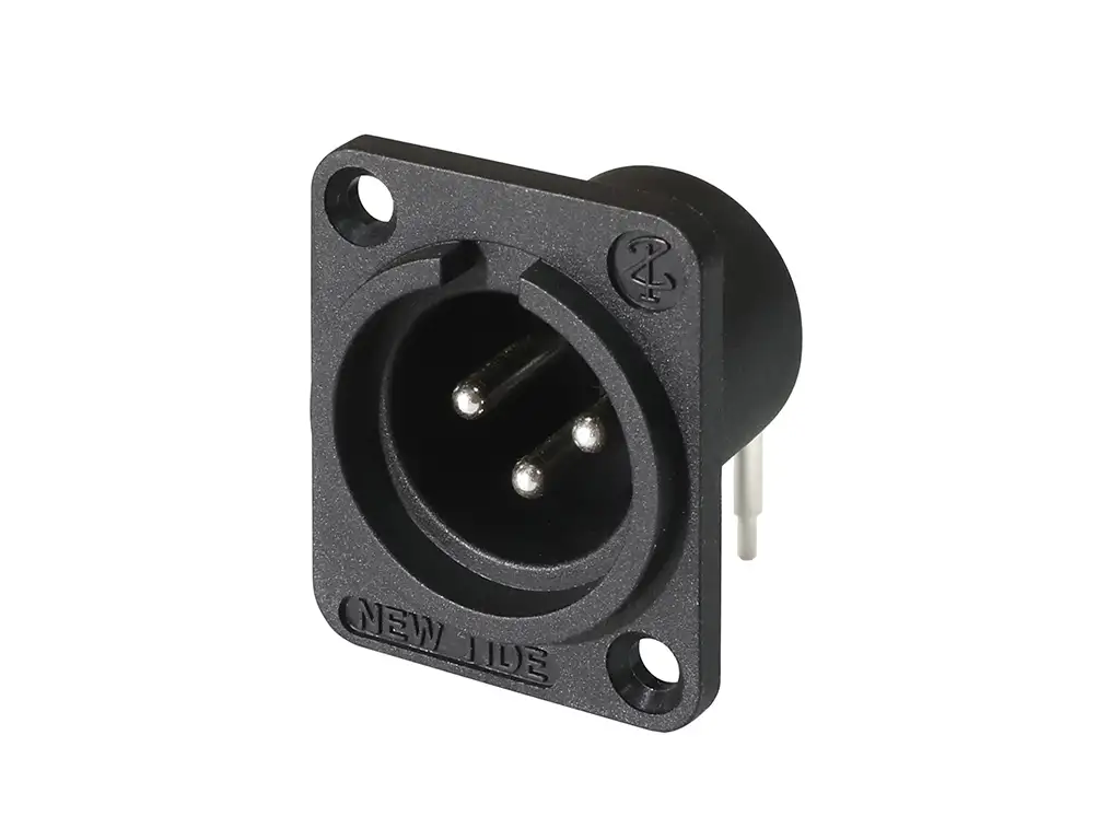 Newtide XR0052-3PH 3-pole XLR male chassis connector, 12.4mm horizontal PCB mount with 3.2mm mounting holes and black thermoplastic housing.