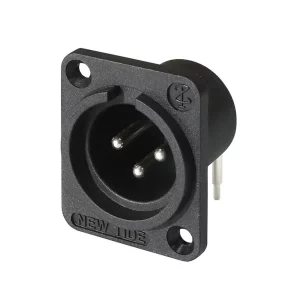 Newtide XR0053-3PH 3-pole XLR male chassis connector, 12.4mm horizontal PCB mount with 2.8mm mounting holes and black thermoplastic housing.