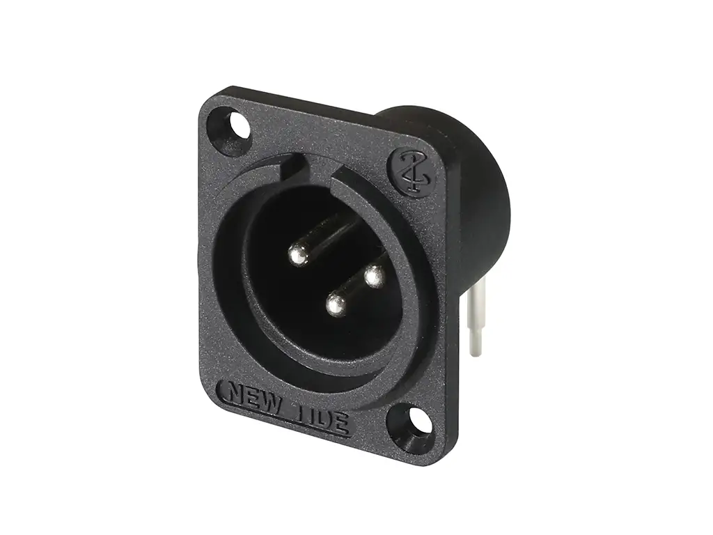 Newtide XR0053-3PH 3-pole XLR male chassis connector, 12.4mm horizontal PCB mount with 2.8mm mounting holes and black thermoplastic housing.