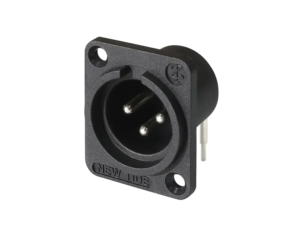 Newtide XR0054-3PH 3-pole XLR male chassis connector, 15.2mm horizontal PCB mount with 3.2mm mounting holes and black thermoplastic housing.