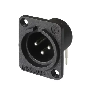 Newtide XR0055-3PH 3-pole XLR male chassis connector, 15.2mm horizontal PCB mount with 2.8mm mounting holes and black thermoplastic housing.