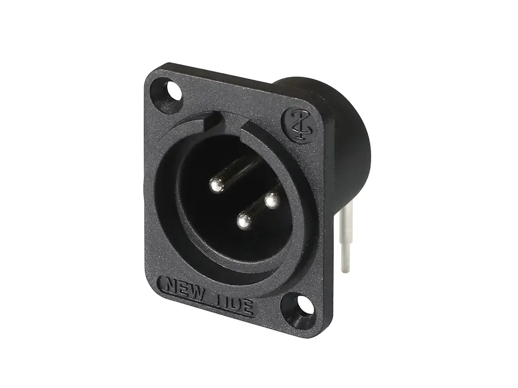 Newtide XR0055-3PH 3-pole XLR male chassis connector, 15.2mm horizontal PCB mount with 2.8mm mounting holes and black thermoplastic housing.