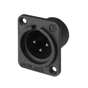 Newtide XR0056-3P 3-pole XLR male chassis connector with solder cups for wire connection, 3.2mm mounting holes and black thermoplastic housing.