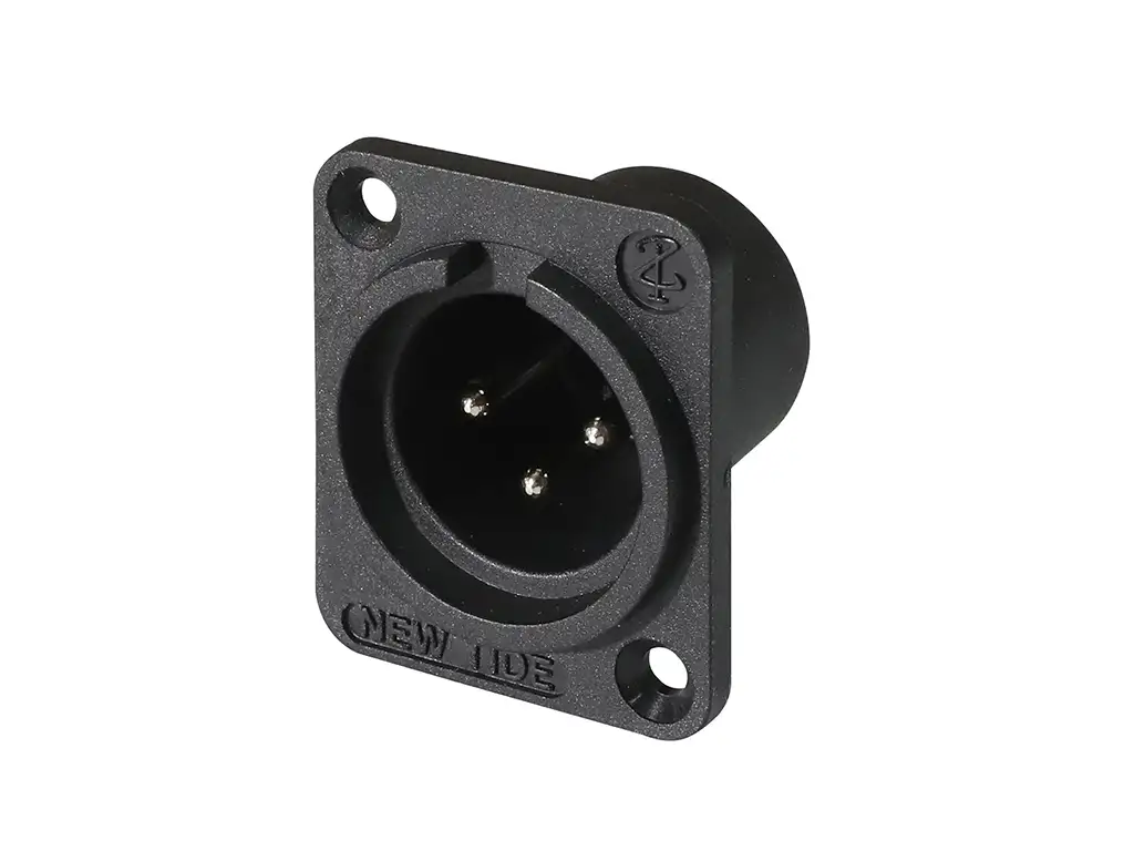 Newtide XR0056-3P 3-pole XLR male chassis connector with solder cups for wire connection, 3.2mm mounting holes and black thermoplastic housing.